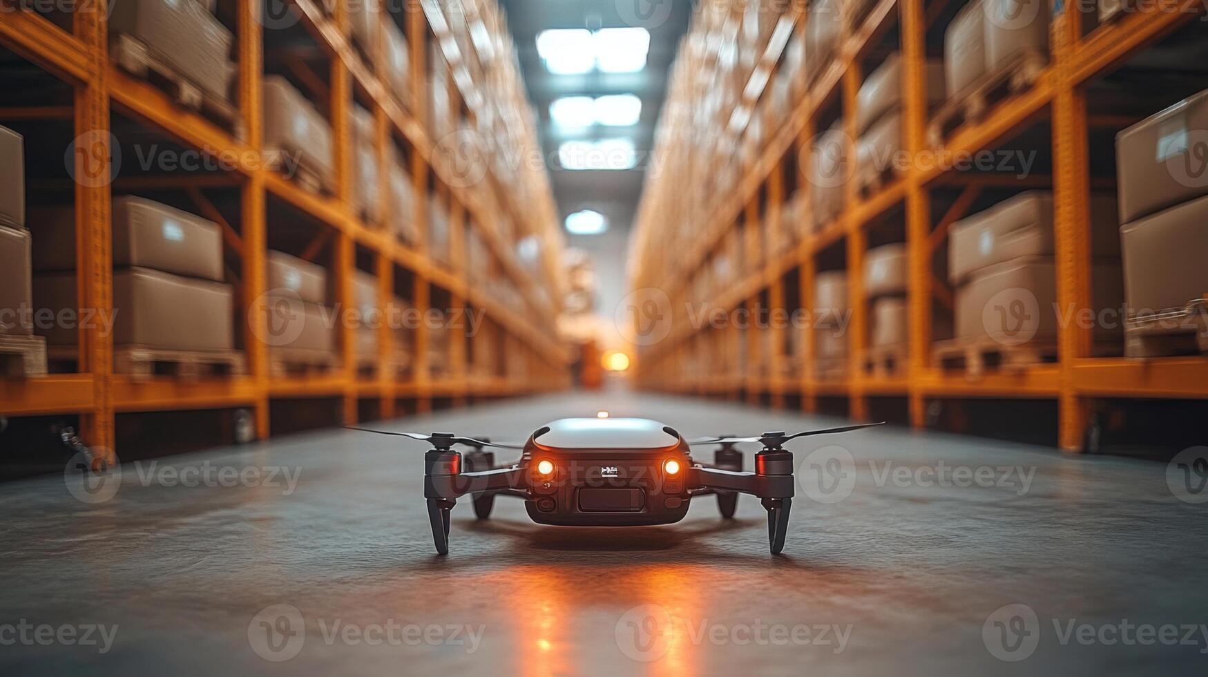 A modern drone navigates through a spacious warehouse filled with neatly stacked cardboard boxes, showcasing automation in logistics and transportation. photo