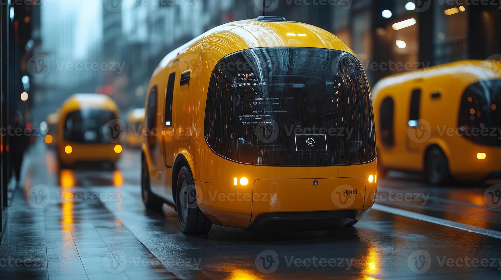 Autonomous delivery vehicles maneuver through a city street on a rainy day, showcasing modern logistics and transportation solutions aimed at improving last mile delivery. photo