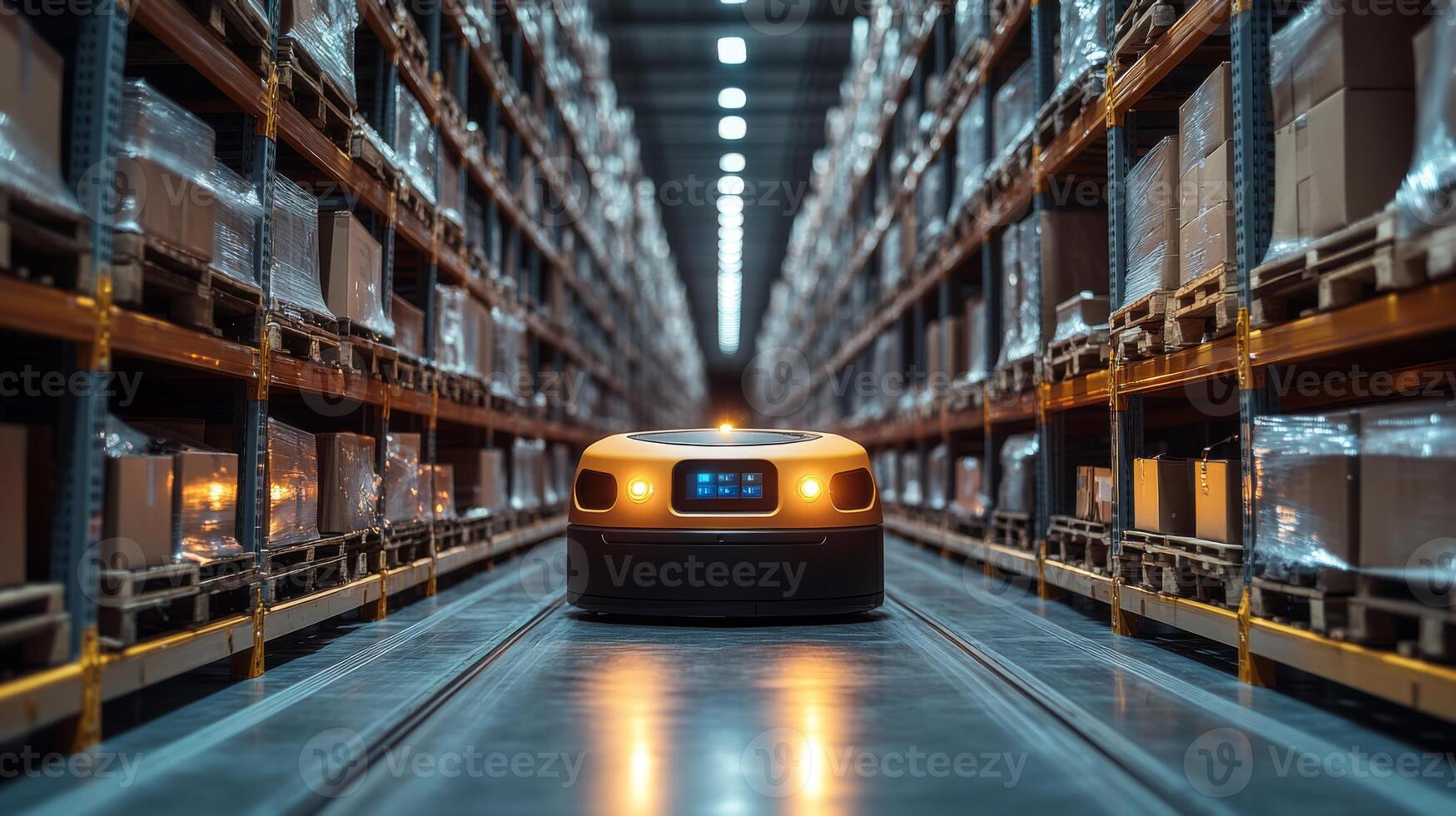 A mobile robot navigates through a vast warehouse, transporting packages along well organized aisles, showcasing the future of logistics and automated fulfillment operations. photo