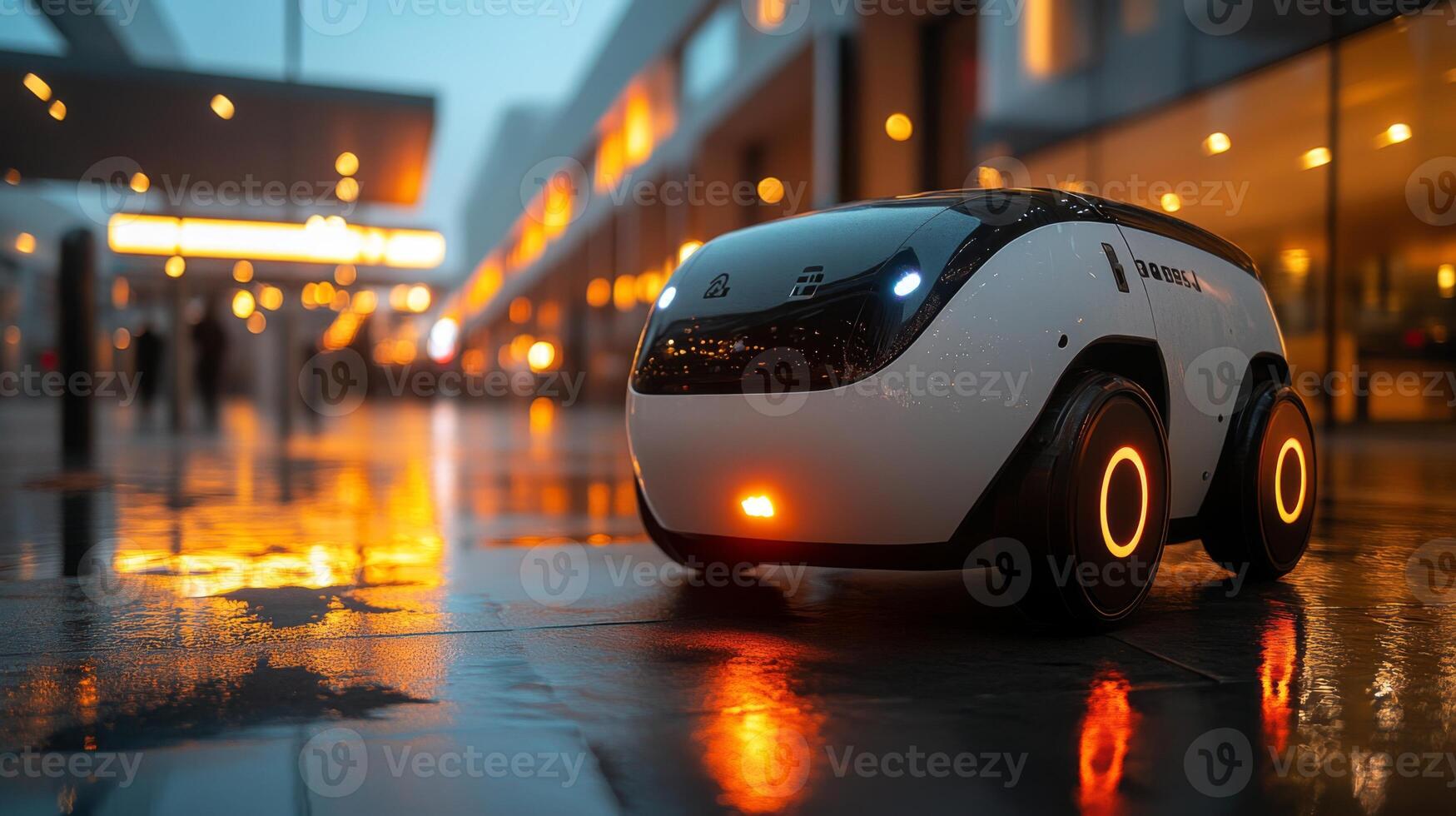 A compact autonomous delivery vehicle drives along rain slicked urban streets during twilight, showcasing modern logistics and urban mobility solutions in action. photo