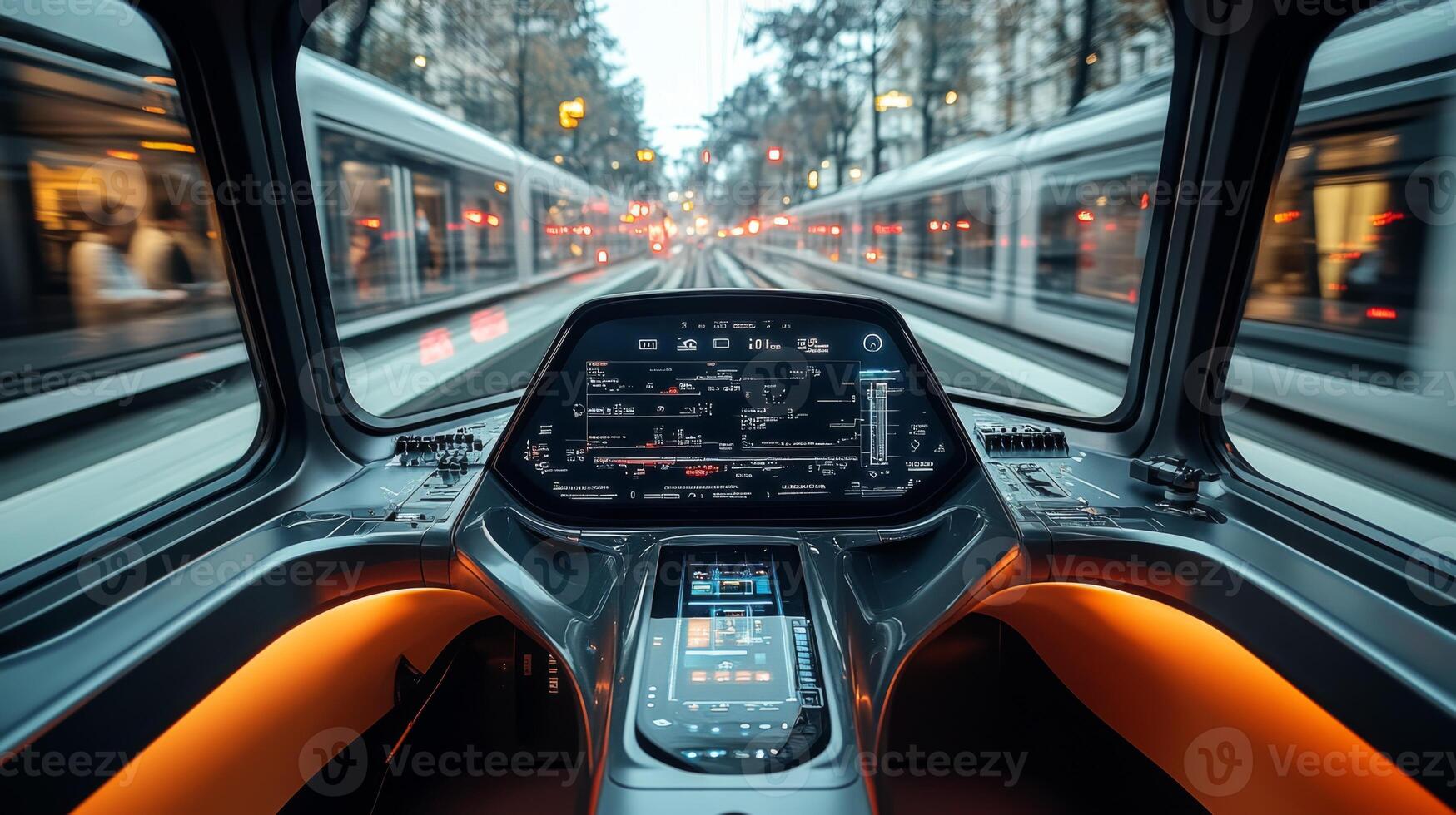 Advanced control system view demonstrates logistics and transportation innovations with precision automation in a bustling urban rail network during peak hours. photo