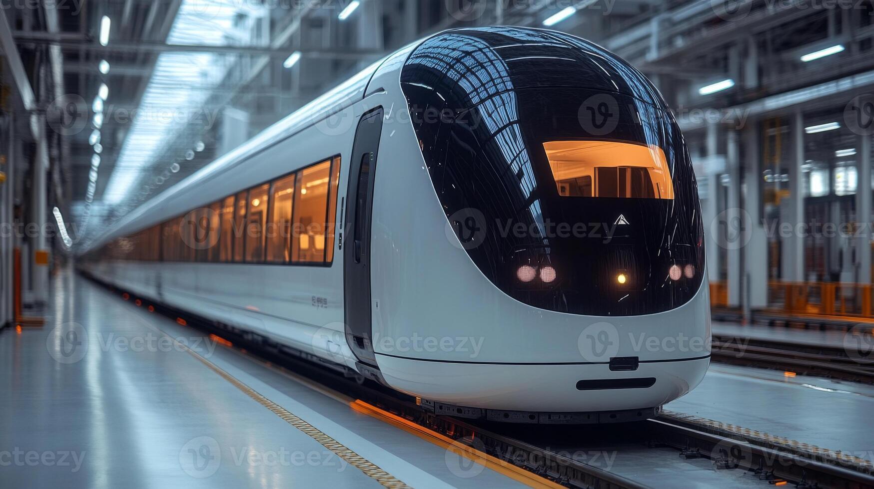 A sleek autonomous train stands ready in a futuristic transport facility, showcasing innovations in logistics, automation, and smart mobility systems, emphasizing efficiency and technology. photo
