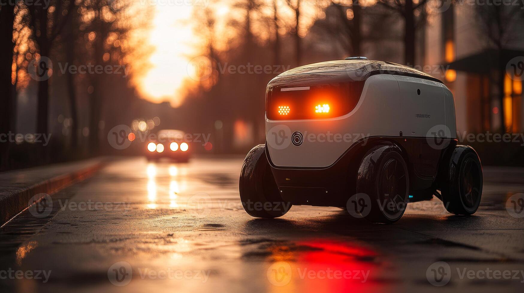 A delivery robot navigates a city street at dusk, illuminated by its headlights. It represents advancements in transportation, logistics, and automation for last mile delivery solutions. photo