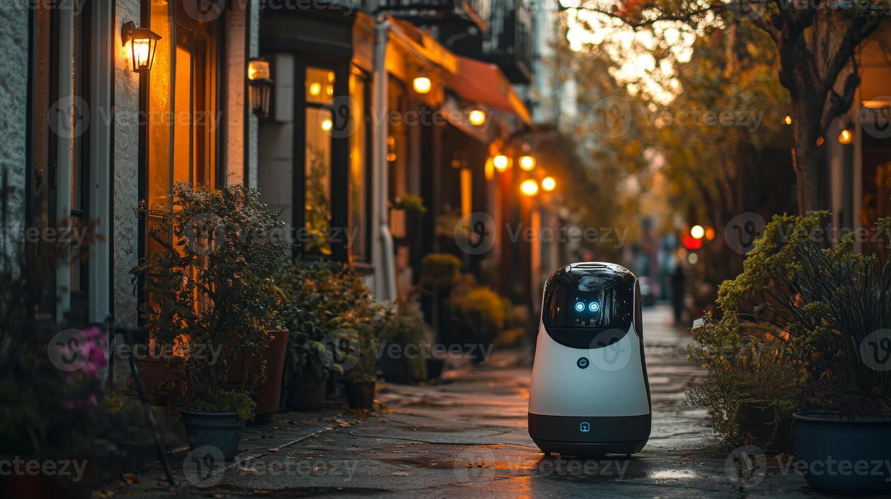 A delivery robot moves down a quiet city street, illuminated by soft lights from nearby establishments, showcasing advancements in automated delivery systems and infrastructure. photo