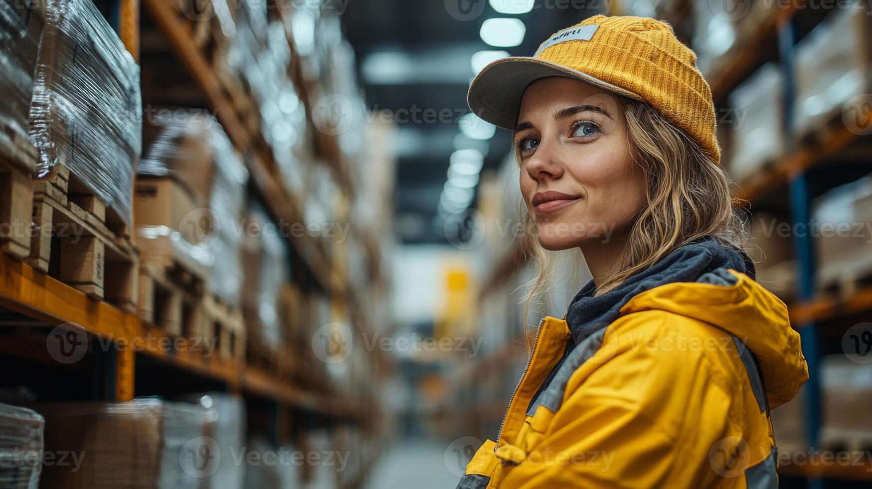 Warehouse professional wearing a yellow cap and jacket surveys the aisles filled with goods in a modern logistics center dedicated to efficient distribution and fulfillment. photo