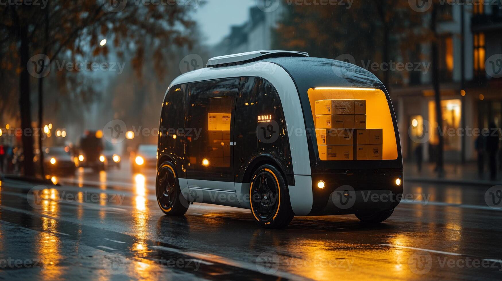 An automated delivery vehicle moves along a wet city street, showcasing a modern design and illuminated cargo area as rain falls lightly. photo