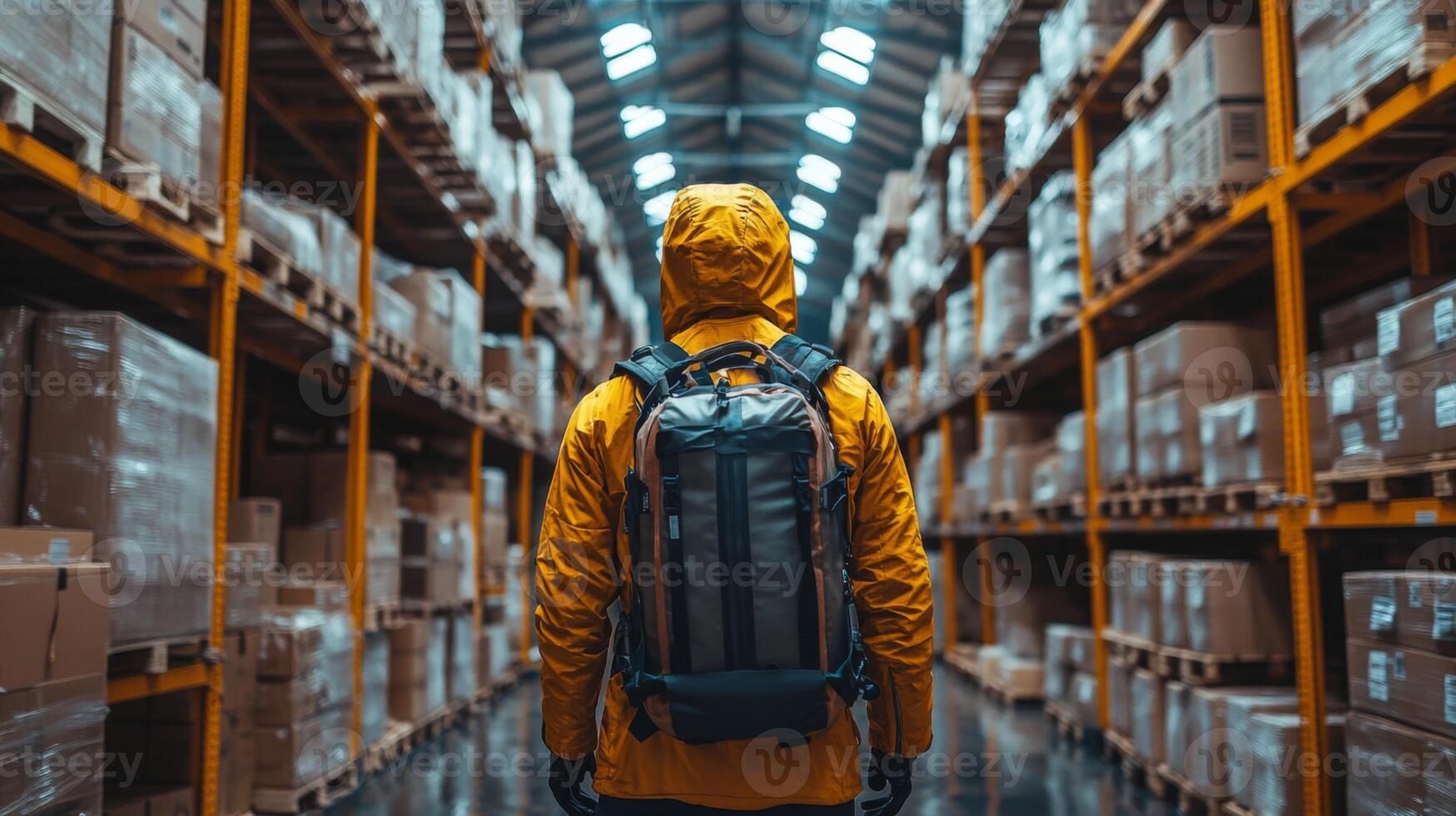 A worker in a bright yellow jacket stands in a well organized warehouse, looking at rows of packed boxes. The environment is busy with ongoing logistics and distribution activities. photo