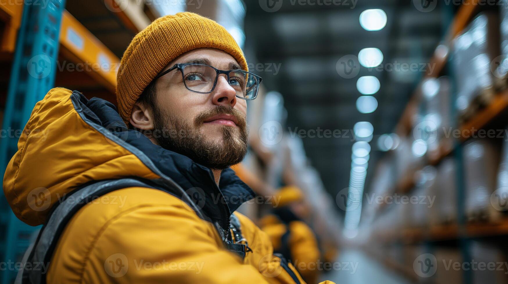 A logistics worker in bright attire sits confidently in a warehouse filled with stacked packages. He observes the automated systems and efficiency of the distribution center during operation hours. photo