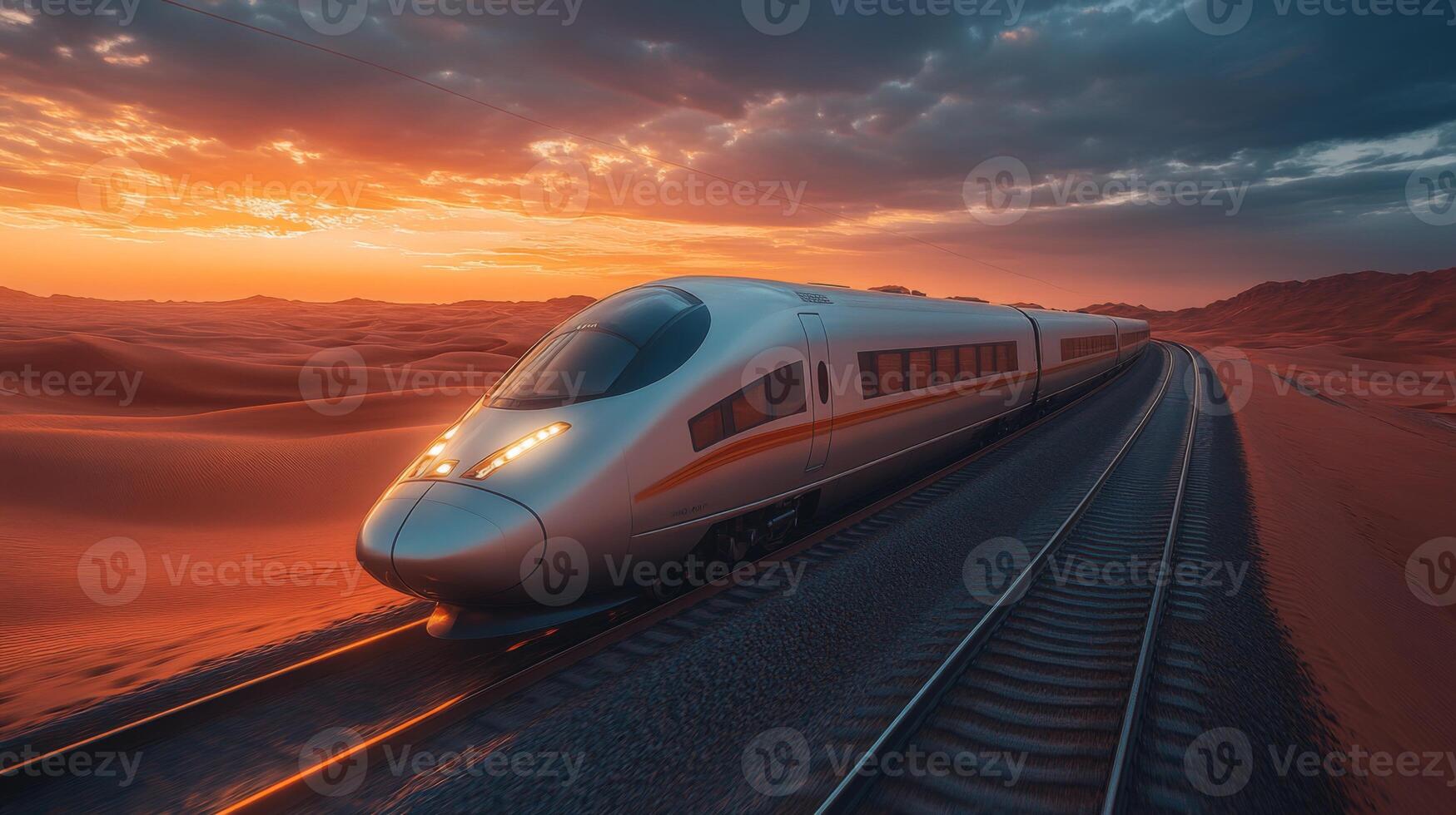 A futuristic smart train glides along tracks in a desert at sunset, demonstrating advanced logistics and transportation technology highlighting the future of mobility and automation. photo
