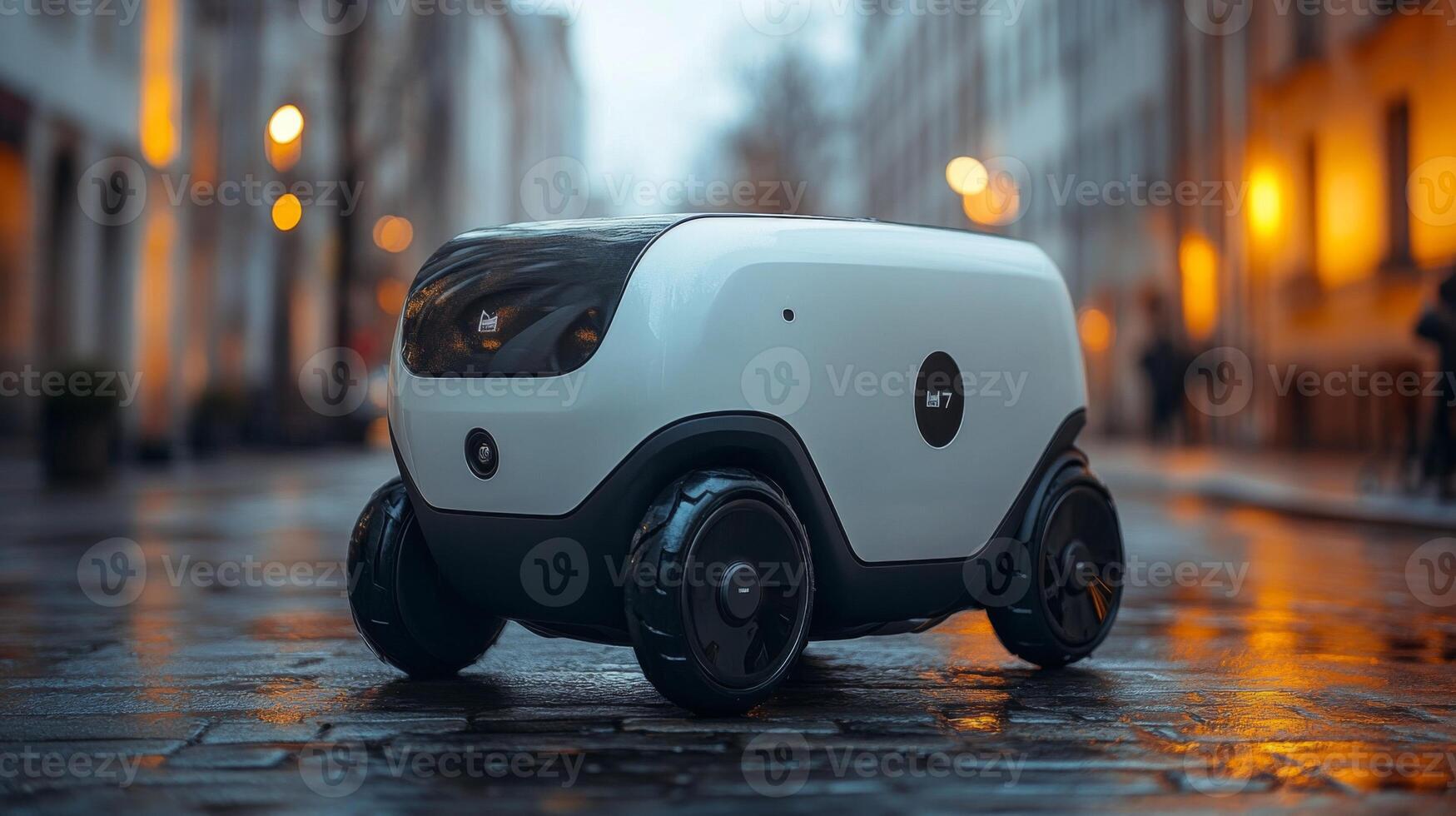 An autonomous delivery robot moves through a city street at dusk, highlighting innovations in last mile logistics and transportation automation designed for urban environments. photo