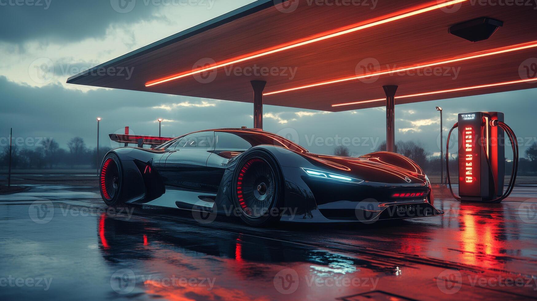A cutting edge electric vehicle is parked at a stylish charging station under a striking canopy as daylight fades, featuring advanced design and bold aesthetics that highlight renewable technology. photo