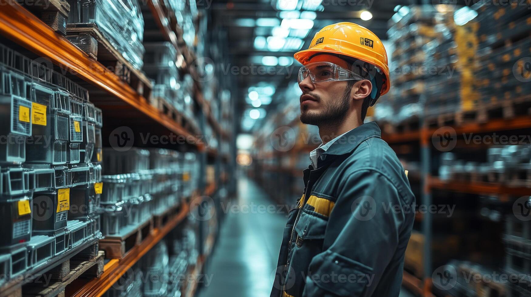 A male worker examines stock in a logistics center, showcasing efficient inventory management and modern warehouse design, highlighting safety protocols with protective gear. photo
