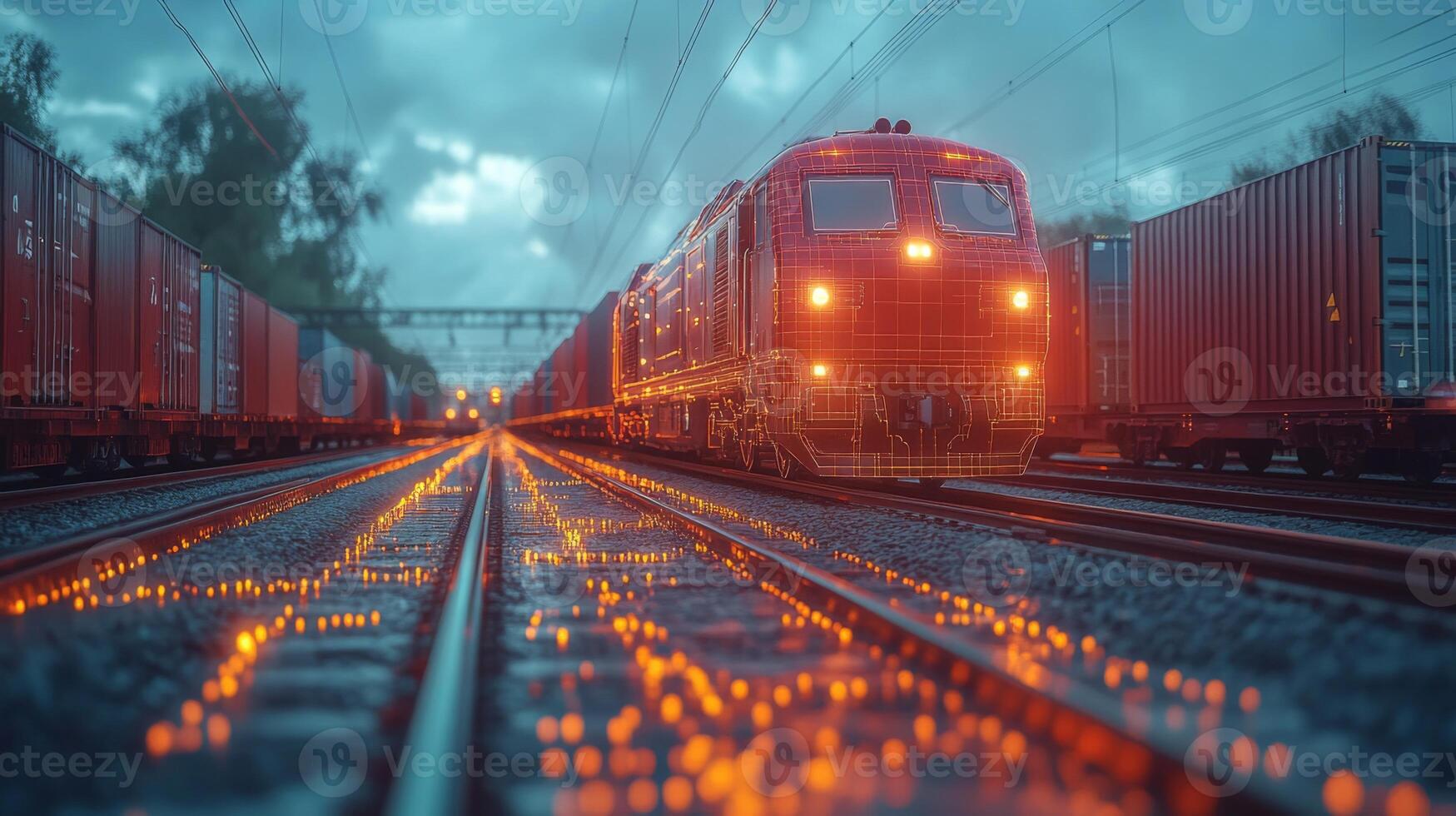 A futuristic train system is depicted along a railway with glowing tracks, emphasizing automation and AI technology in transportation and infrastructure. photo