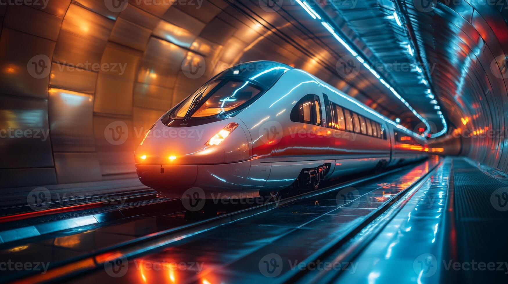 A high speed train moves swiftly through a futuristic tunnel illuminated by vibrant lights, highlighting advancements in transportation and automation technology. photo