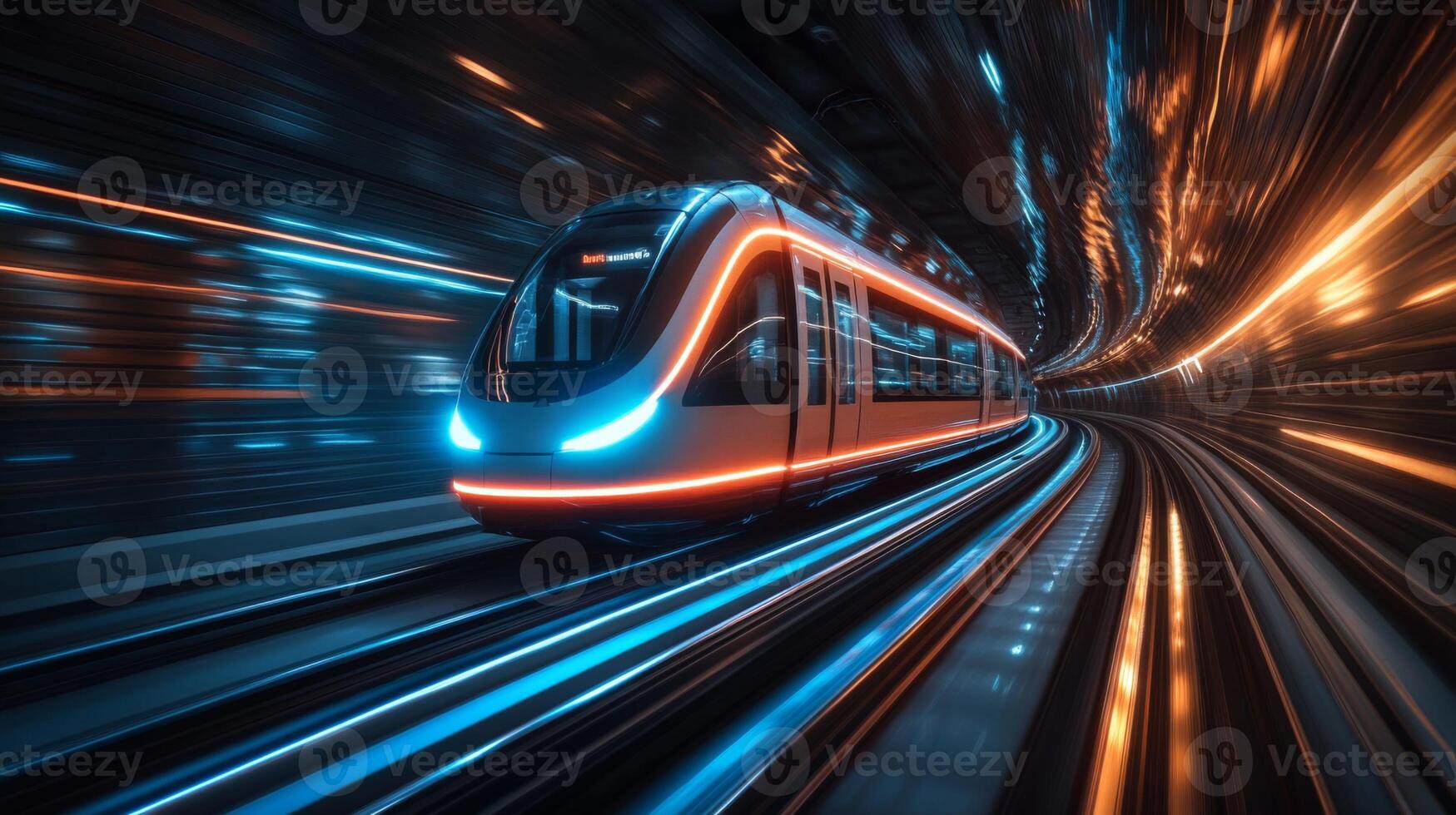 A high speed smarttrain operates on a modern underground track, utilizing cutting edge automation technology. Dynamic lights enhance the speed and movement through the tunnel. photo