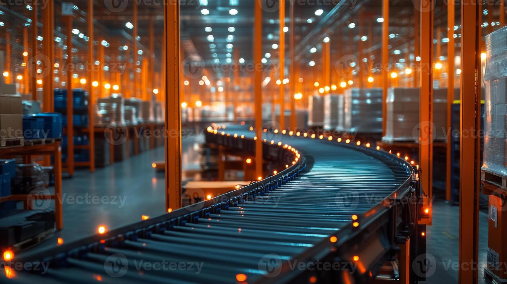 An automated conveyor system winds through an organized logistics center, transporting packages efficiently. Bright lights illuminate the warehouse's vibrant infrastructure during operation. photo