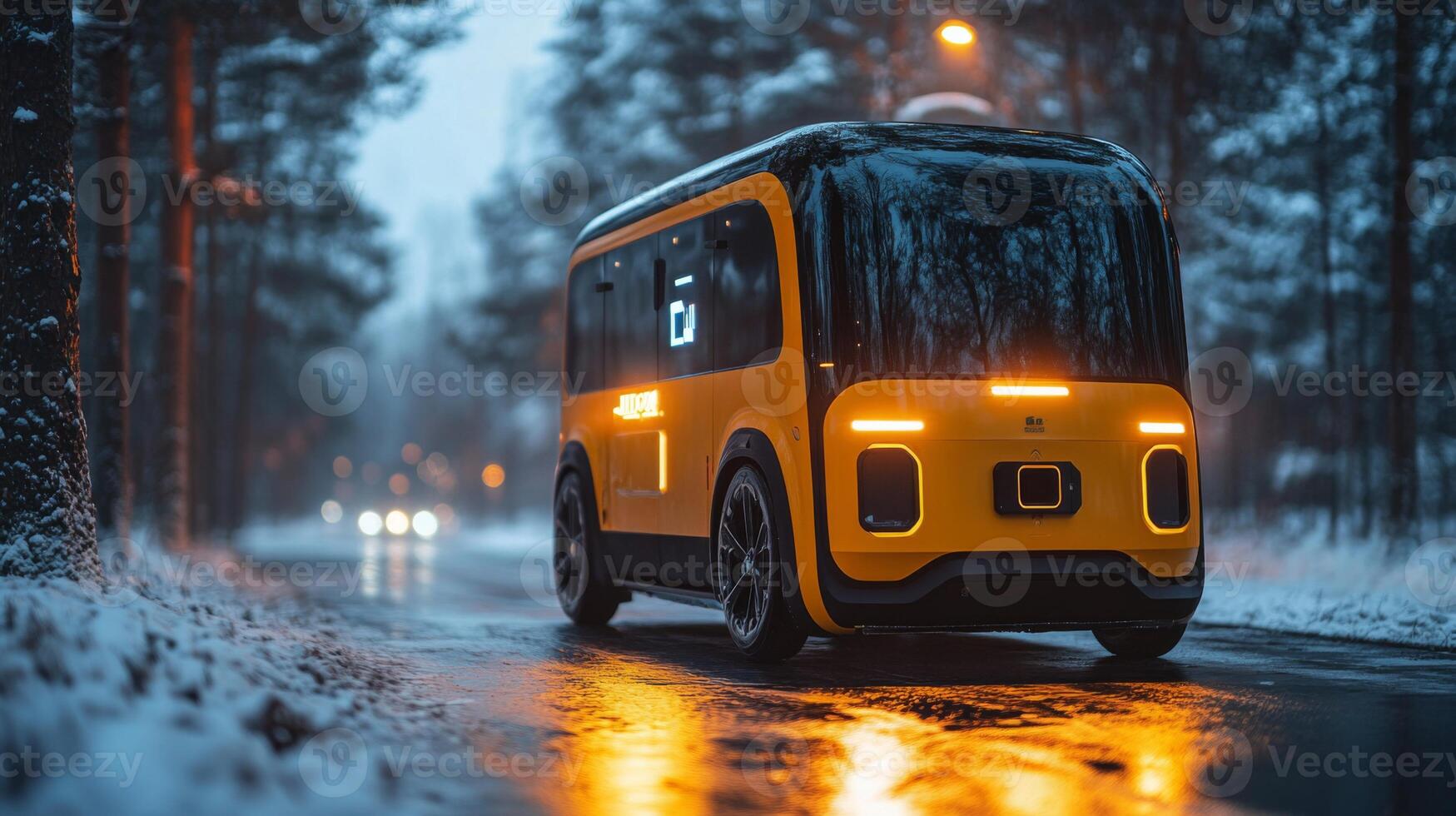An autonomous delivery vehicle moves along a snowy road at dusk, highlighting innovations in logistics and infrastructure for last mile mobility solutions featuring robotic and drone technology. photo