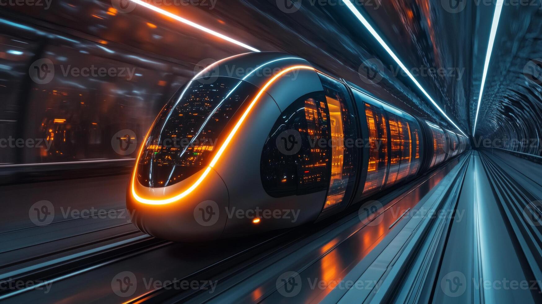 An autonomous train moves swiftly through a futuristic tunnel, showcasing cutting edge technology in transportation and infrastructure, illuminated by vibrant light displays. photo