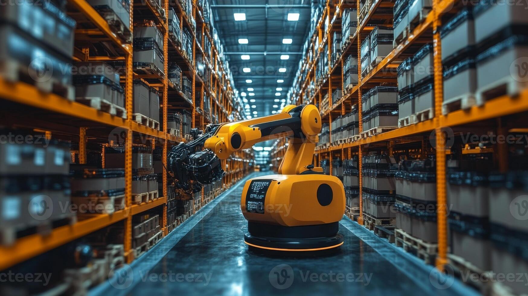 A robotic arm operates within a brightly lit logistics center, efficiently sorting and moving packages among tall shelves filled with goods. This automated system streamlines warehouse operations. photo