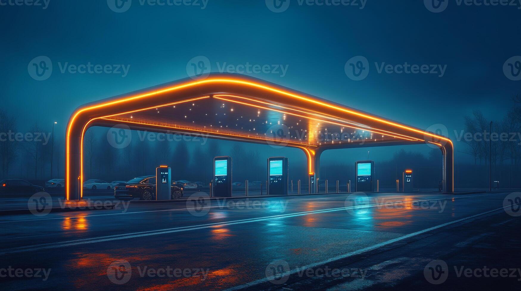 An advanced electric vehicle charging station stands illuminated under a cloudy sky during twilight, showcasing futuristic infrastructure for urban mobility and renewable energy. photo