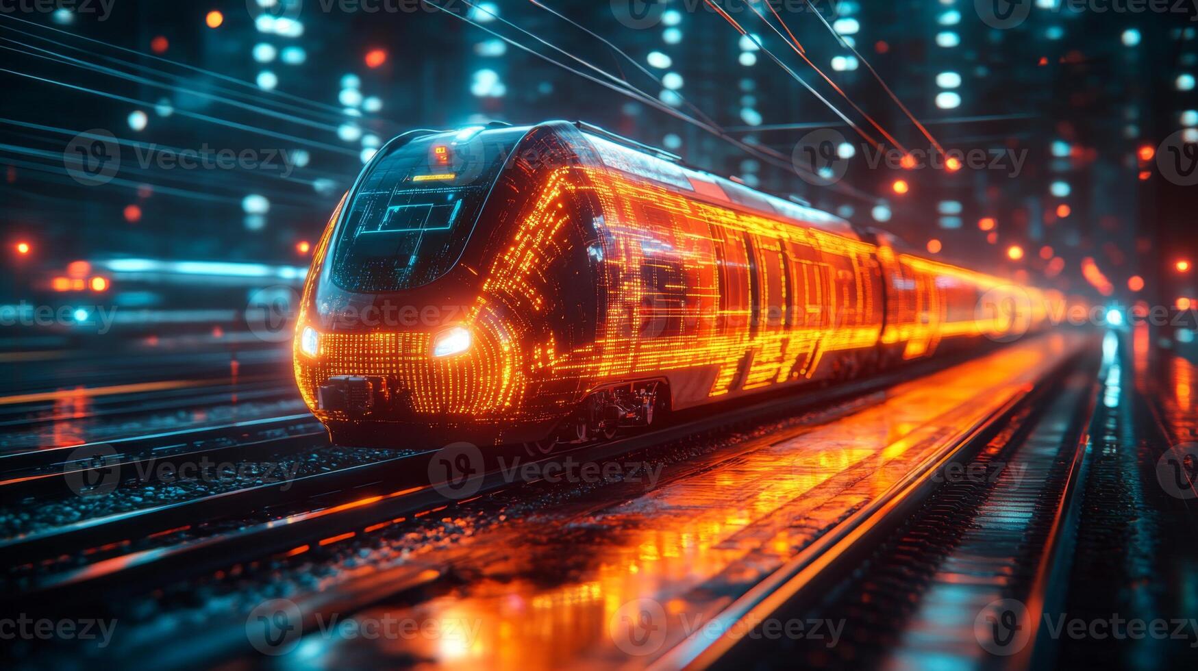 A futuristic smart train glows with bright lights as it moves along advanced railway tracks in a bustling urban environment at night, showcasing innovation in transportation and mobility. photo