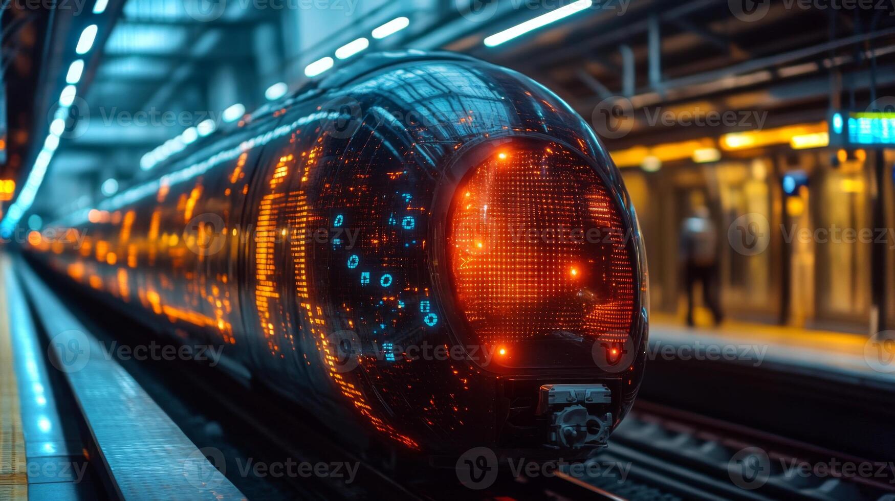 A futuristic smarttrain awaits at a transportation hub, illuminated by vibrant lights, embodying the intersection of automation and modern logistics. This vision of mobility emphasizes efficiency. photo