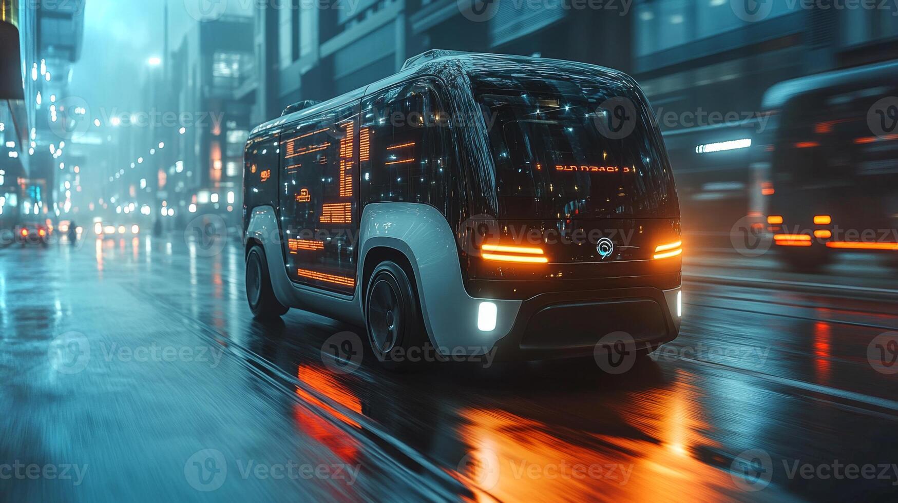 An autonomous delivery vehicle traverses a rain soaked city street, illuminated by neon lights reflecting off the wet pavement, showcasing advanced logistics technology in motion. photo
