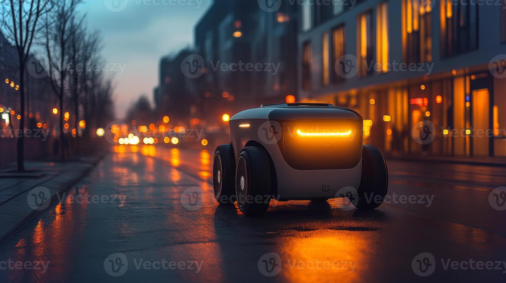 A small autonomous delivery robot travels along a wet urban road as evening lights glow from nearby buildings, showcasing advancements in logistics and last mile delivery solutions. photo
