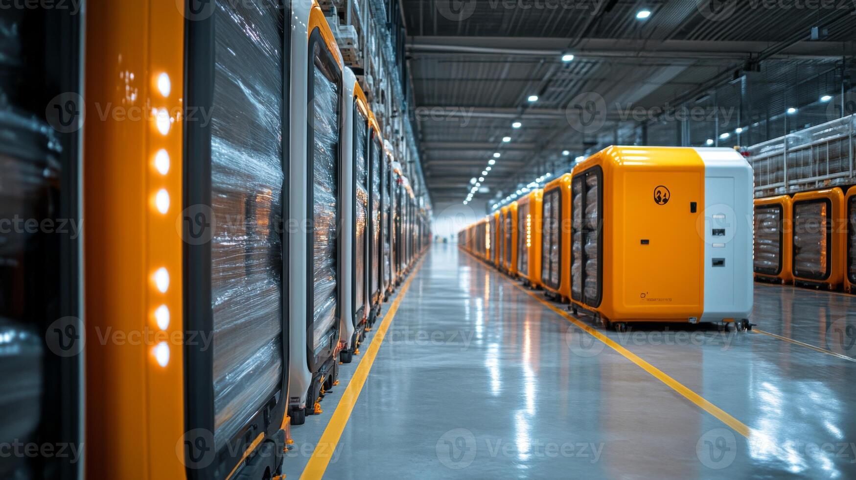 Automated transport robots navigate through a state of the art logistics center designed for efficient distribution and fulfillment. An organized layout enhances operational workflow. photo