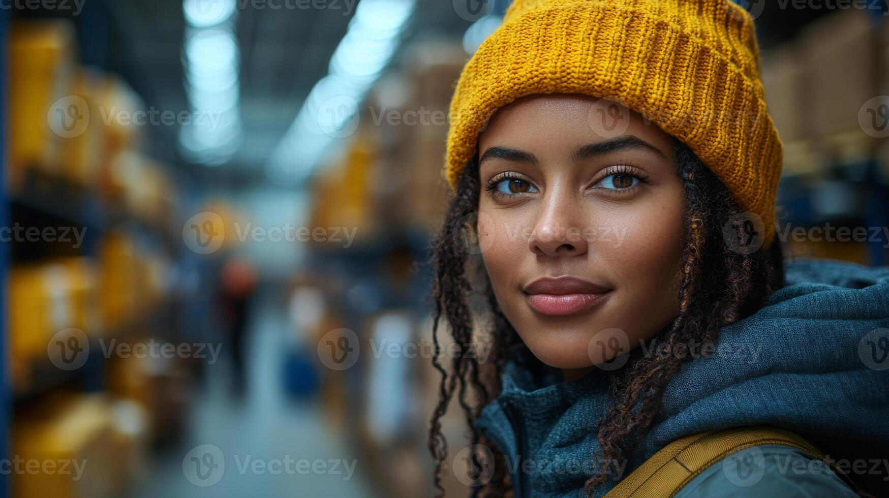 A dedicated worker stands confidently in a bustling logistics center, wearing a bright yellow beanie and surrounded by neatly arranged packages. photo