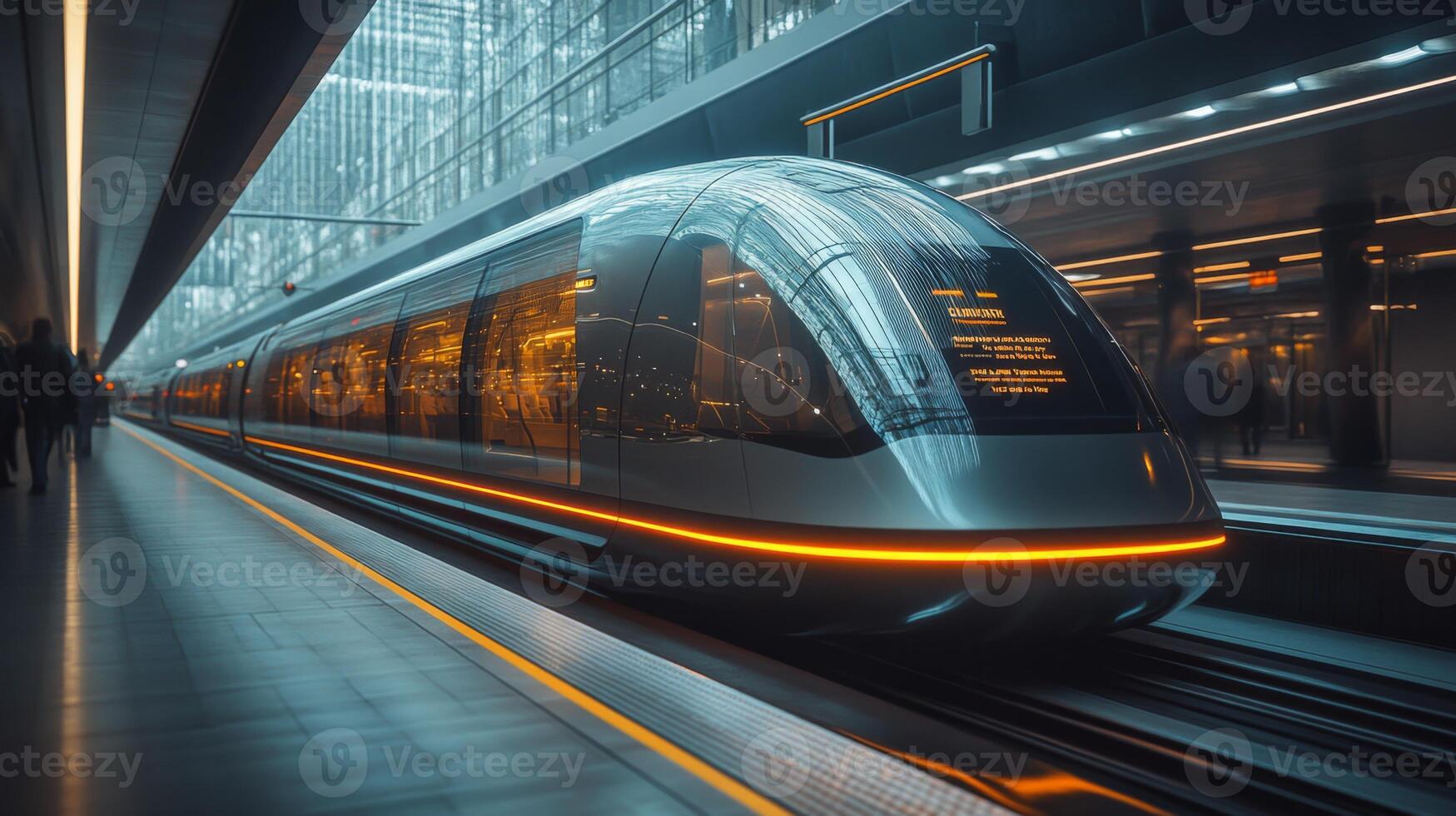 A sleek autonomous smart train arrives at a modern urban station, featuring cutting edge design and advanced control systems focused on mobility and transportation efficiency. photo