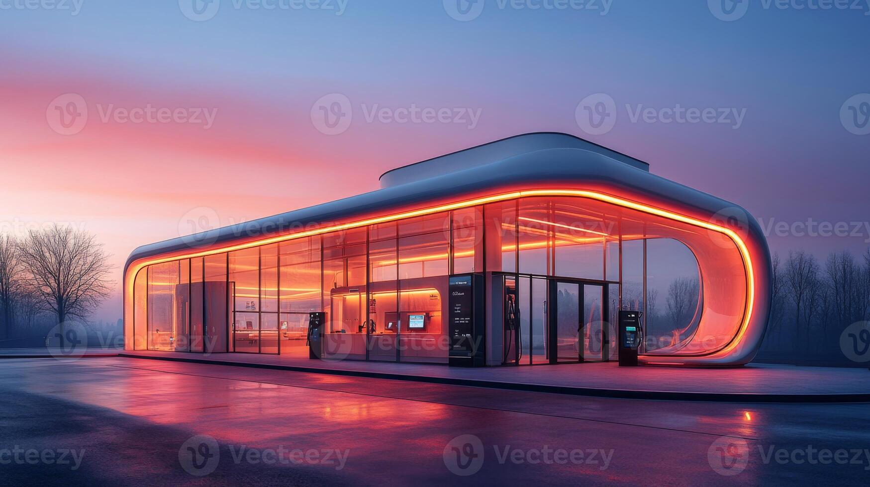 A sleek, futuristic electric vehicle charging station stands illuminated against a pastel sky, highlighting advancements in mobility and renewable infrastructure during twilight. photo