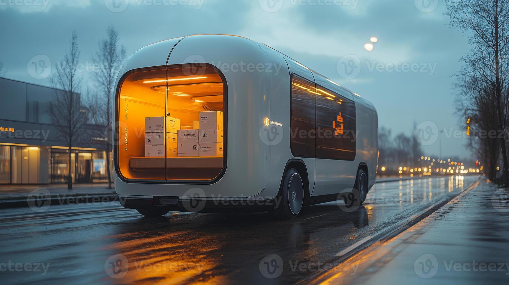 An autonomous delivery vehicle navigates through a city street during twilight. The vehicle features a futuristic design and is equipped for last mile logistics, enhancing mobility and infrastructure. photo