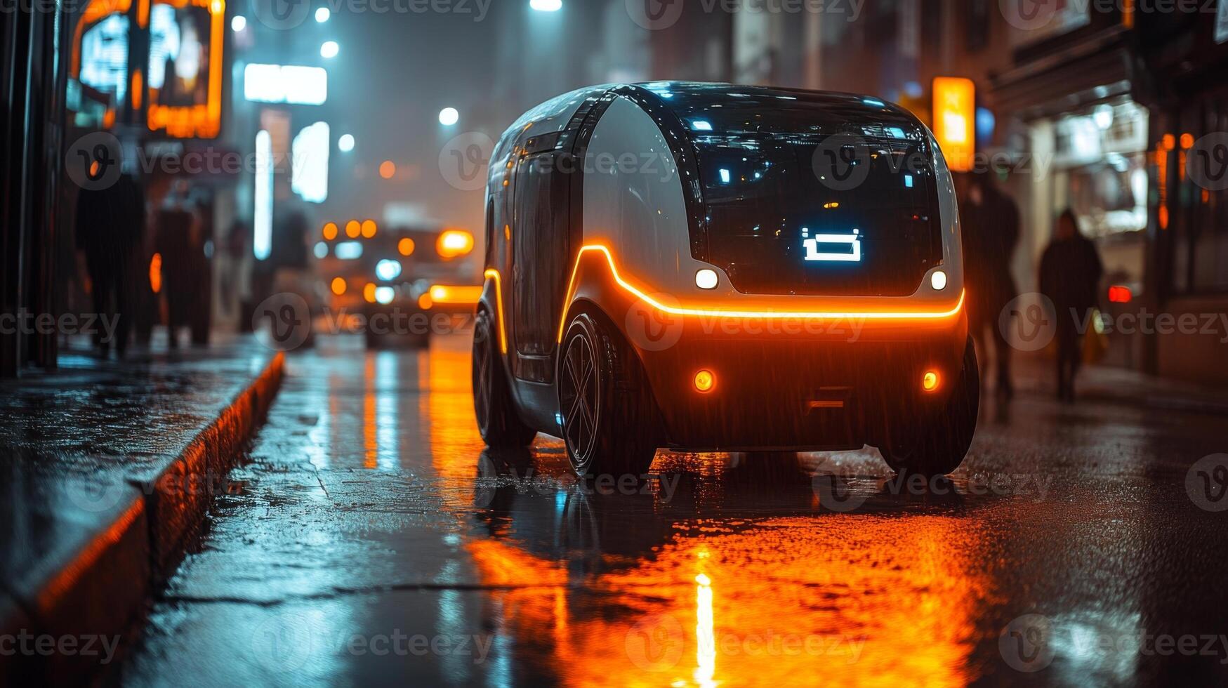 An autonomous delivery vehicle drives through a wet city street illuminated by neon lights, highlighting advancements in logistics and transportation automation in urban environments at night. photo