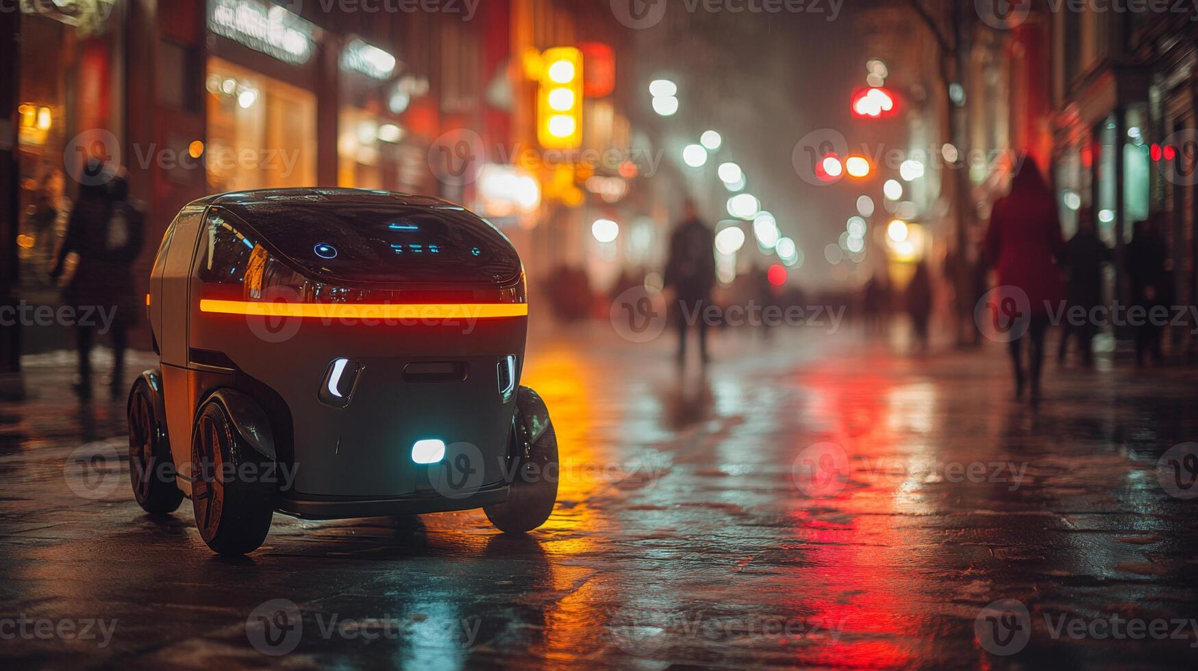 A compact, autonomous delivery robot moves along rain soaked streets illuminated by city lights as pedestrians walk by. The robot showcases cutting edge logistics technology for last mile delivery. photo