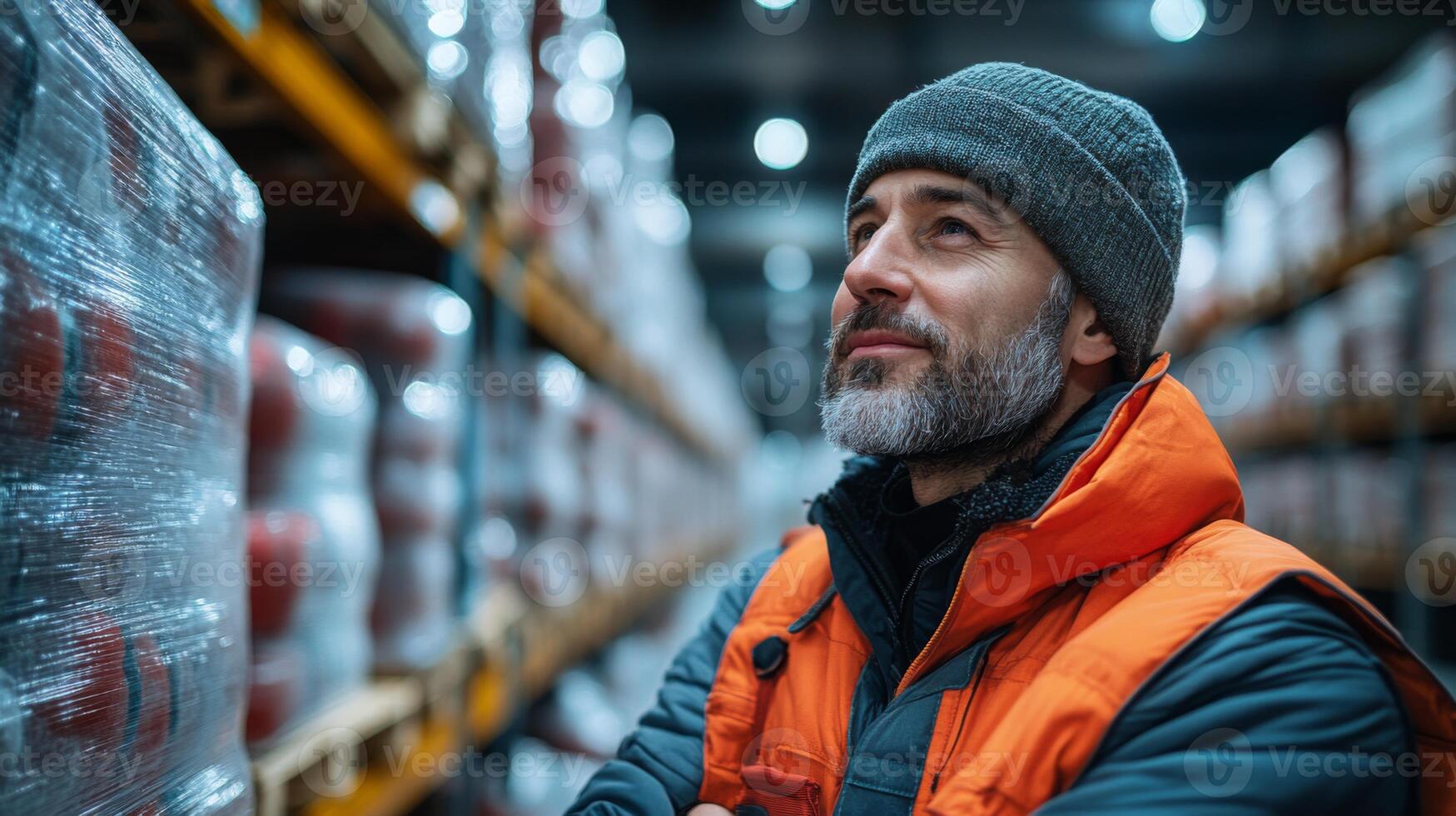 A logistics specialist wearing warm gear examines the inventory within a bustling warehouse, contemplating strategies for improving operational efficiency in automation. photo