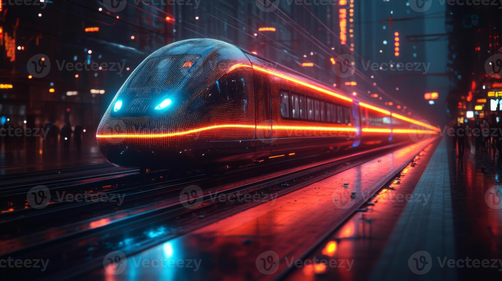 A sleek autonomous train glides down tracks illuminated by neon lights, demonstrating advanced mobility and automated systems in a bustling city at night. photo