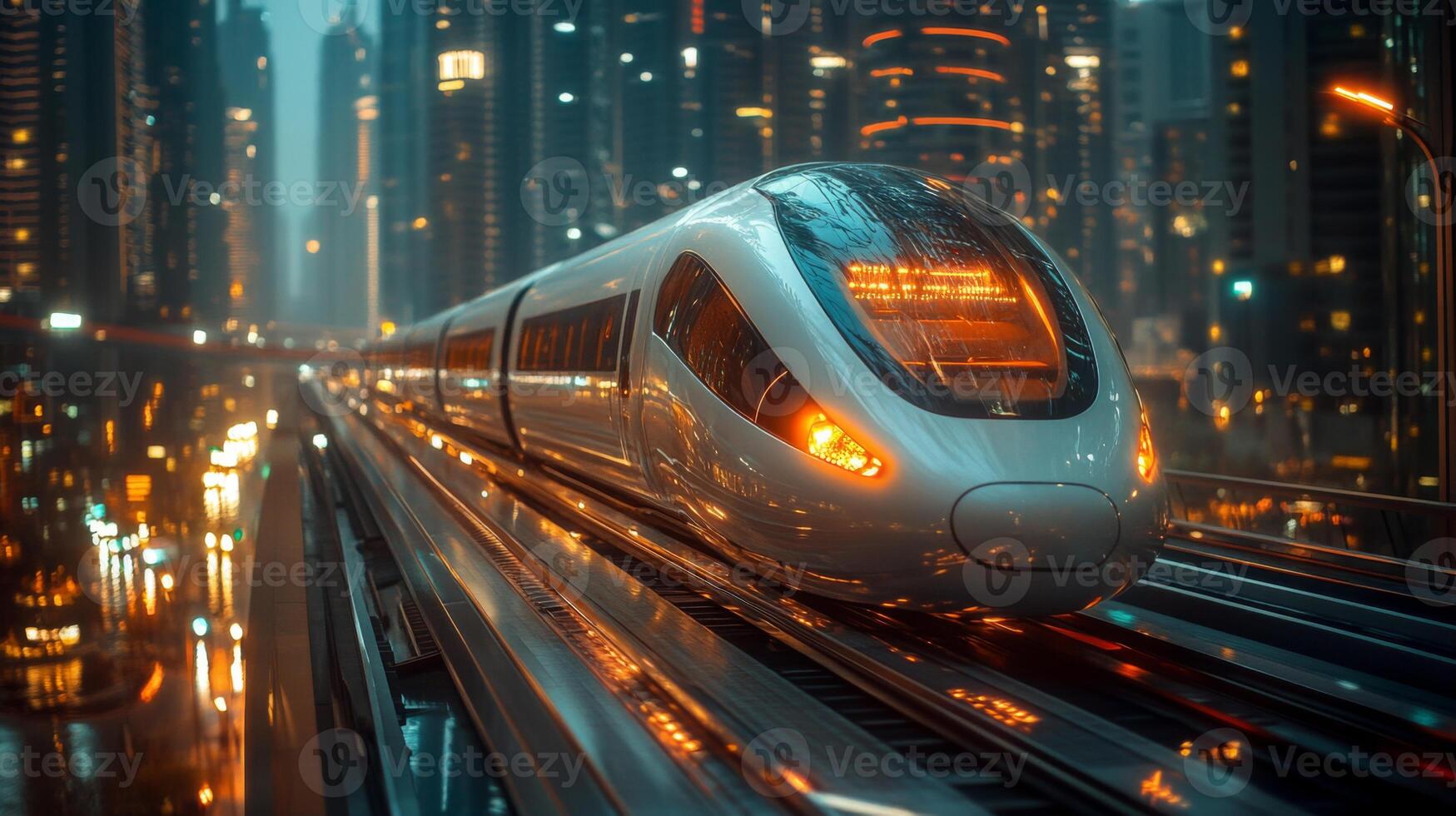 An advanced smarttrain travels along elevated tracks in a vibrant city illuminated by neon lights, showcasing innovations in transportation and automation technology during nighttime. photo