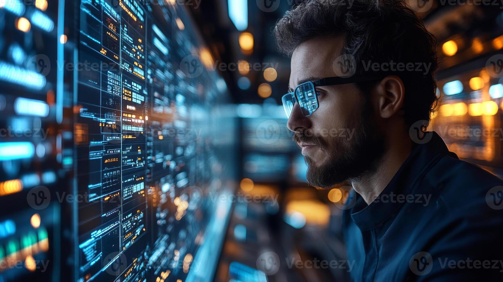 A logistics expert focuses intently on multiple glowing screens displaying intricate data related to transportation and supply chain management, showcasing automation and mobility solutions. photo