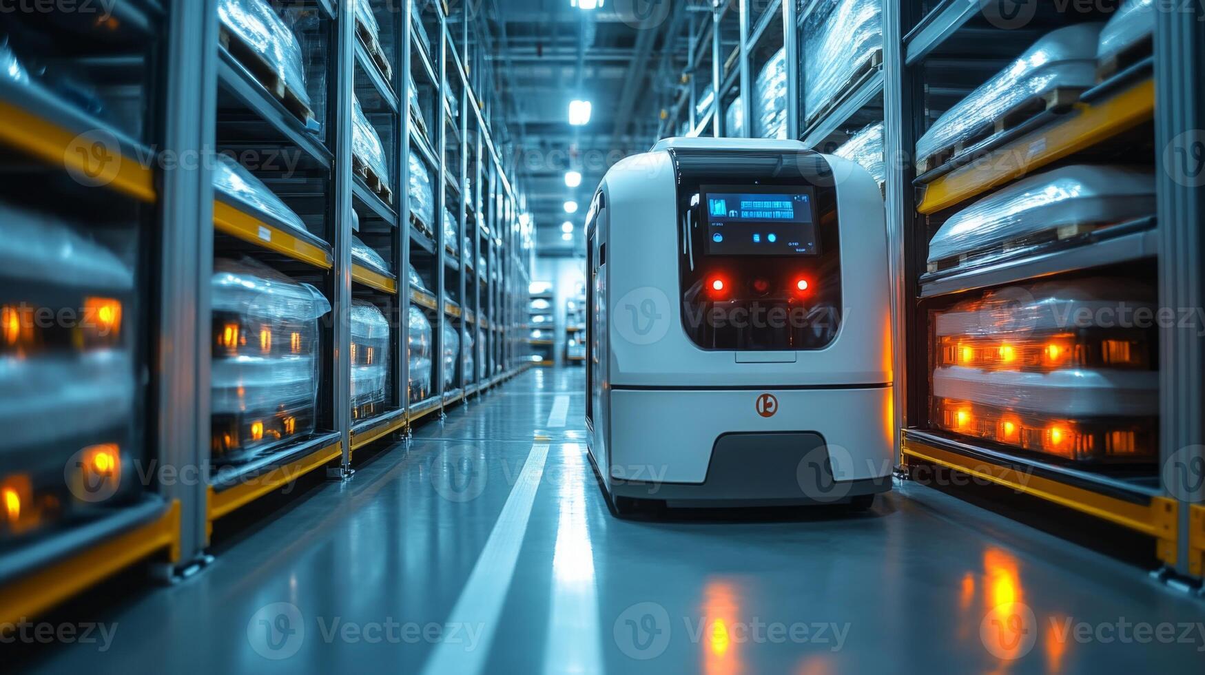 A robotic unit moves between shelves filled with organized packages in a state of the art logistics facility. The environment emphasizes automation and streamlined processes. photo