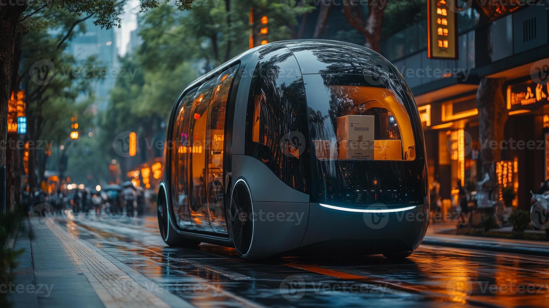 A self driving delivery vehicle navigates vibrant city streets teeming with activity, illustrating the future of urban transportation and automation in logistics. photo