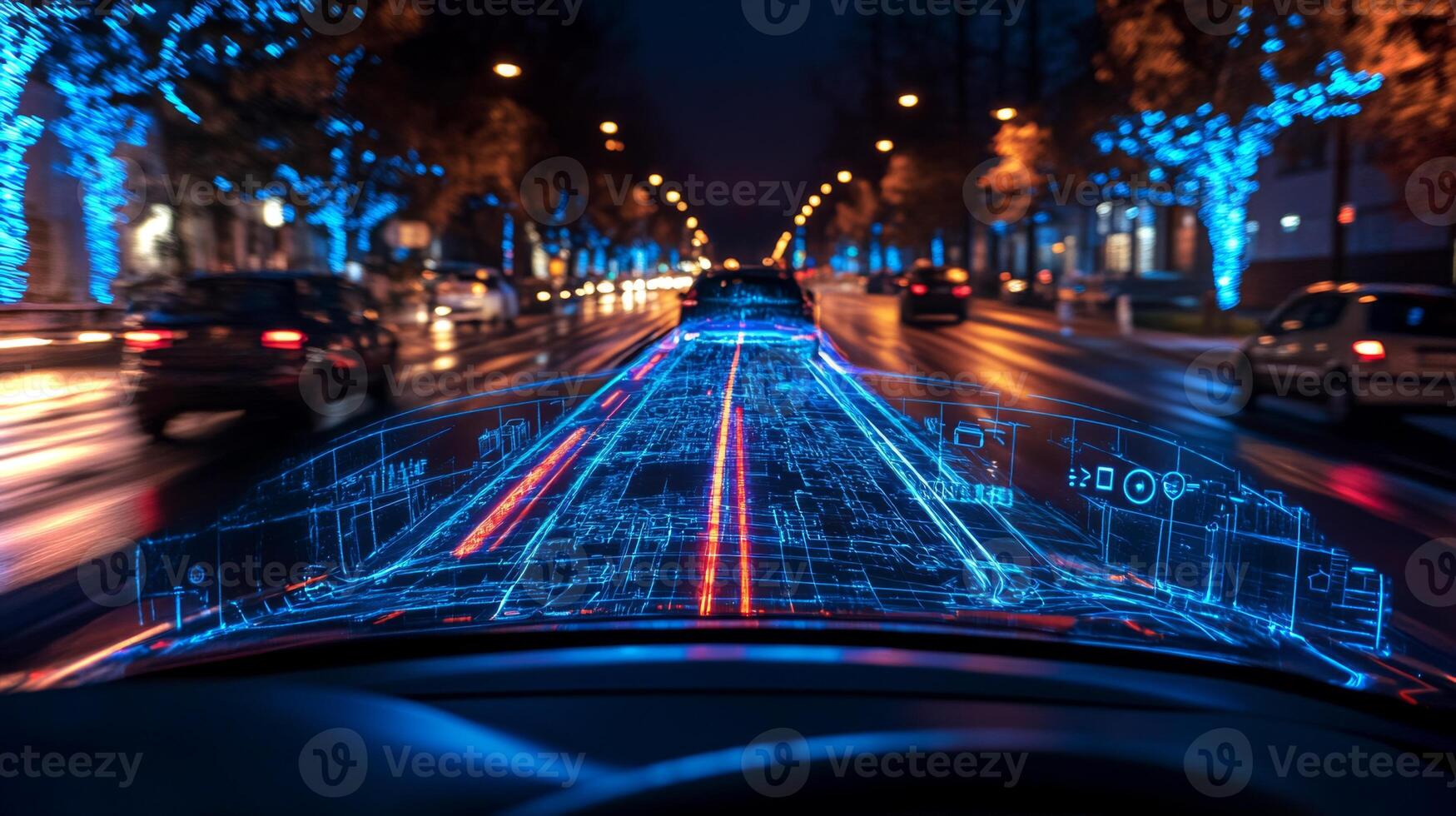 Advanced connectivity and automation in transportation enable vehicles to interact with smartroads, ensuring safer mobility in illuminated urban areas after dark. photo