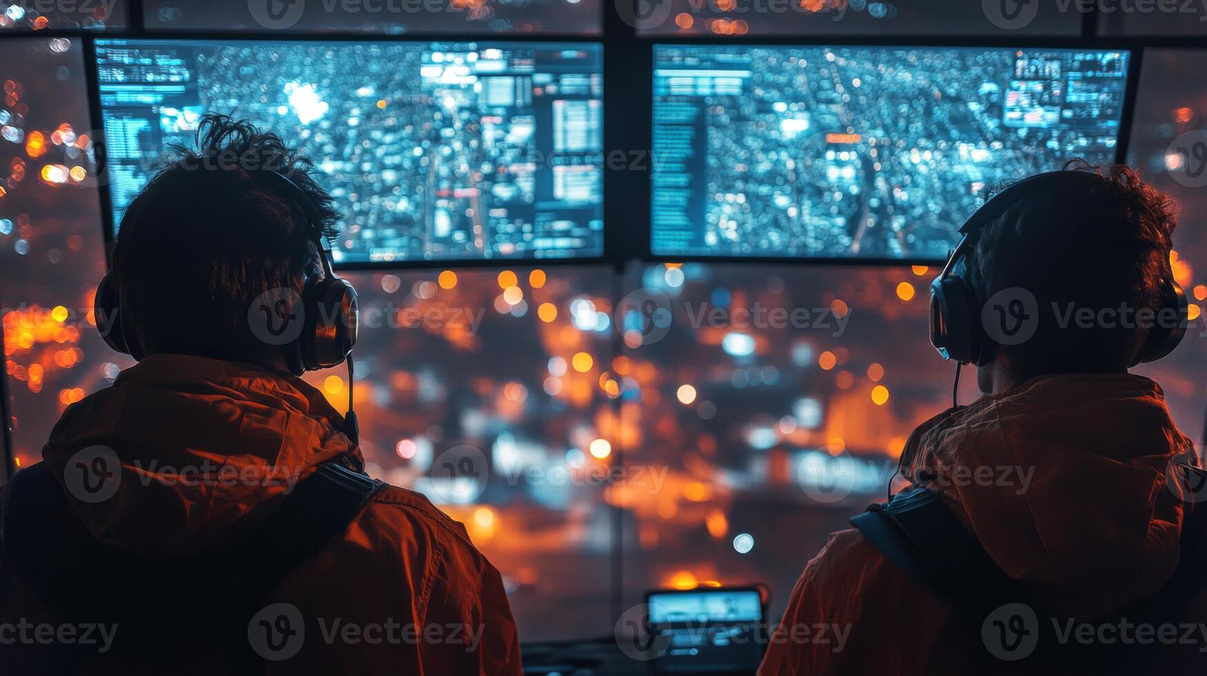 Two operators monitor real time data on large screens in a control center. The urban landscape is illuminated outside, showcasing a bustling logistics operation at night. photo