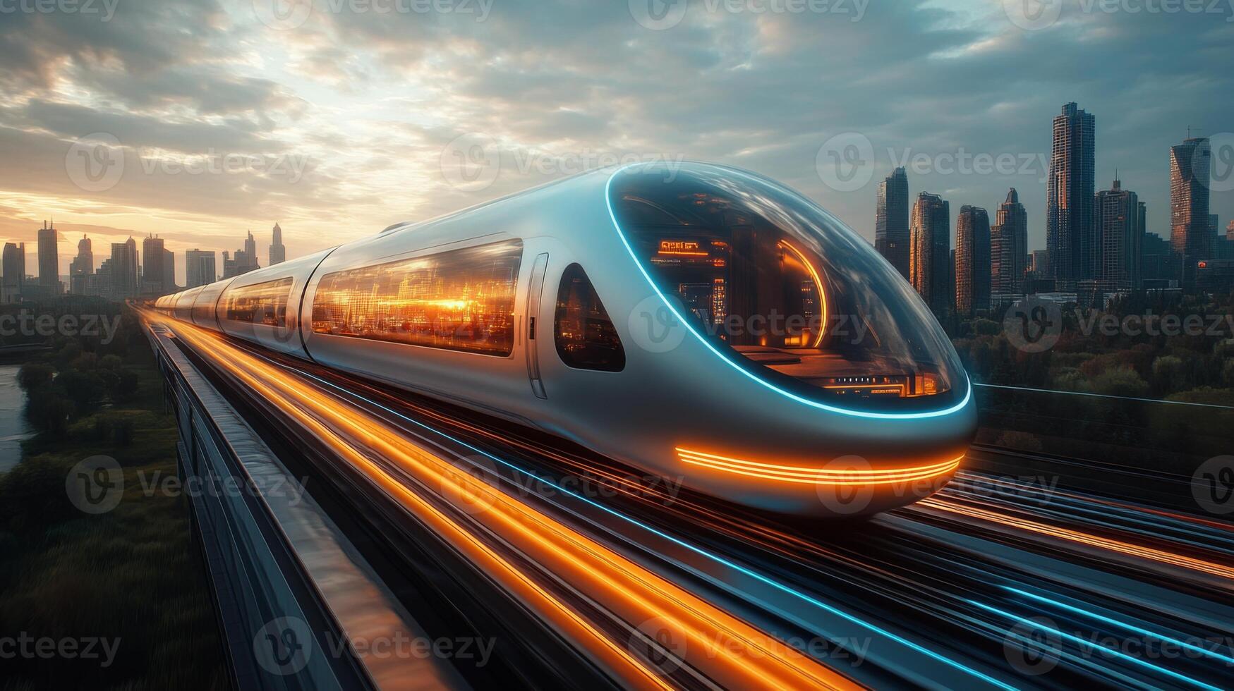A cutting edge smart train glides effortlessly along elevated tracks in an advanced city skyline at dusk, highlighting the future of transportation and automation. photo