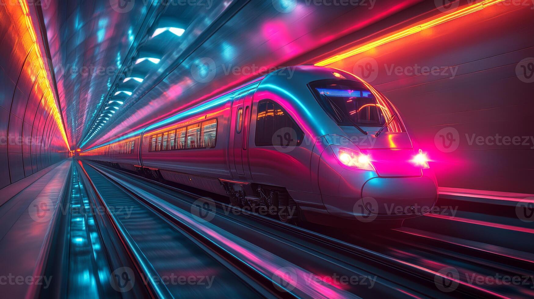 A sleek autonomous train moves through a vibrant neon tunnel, highlighting the integration of advanced infrastructure and automation in modern transportation systems. photo