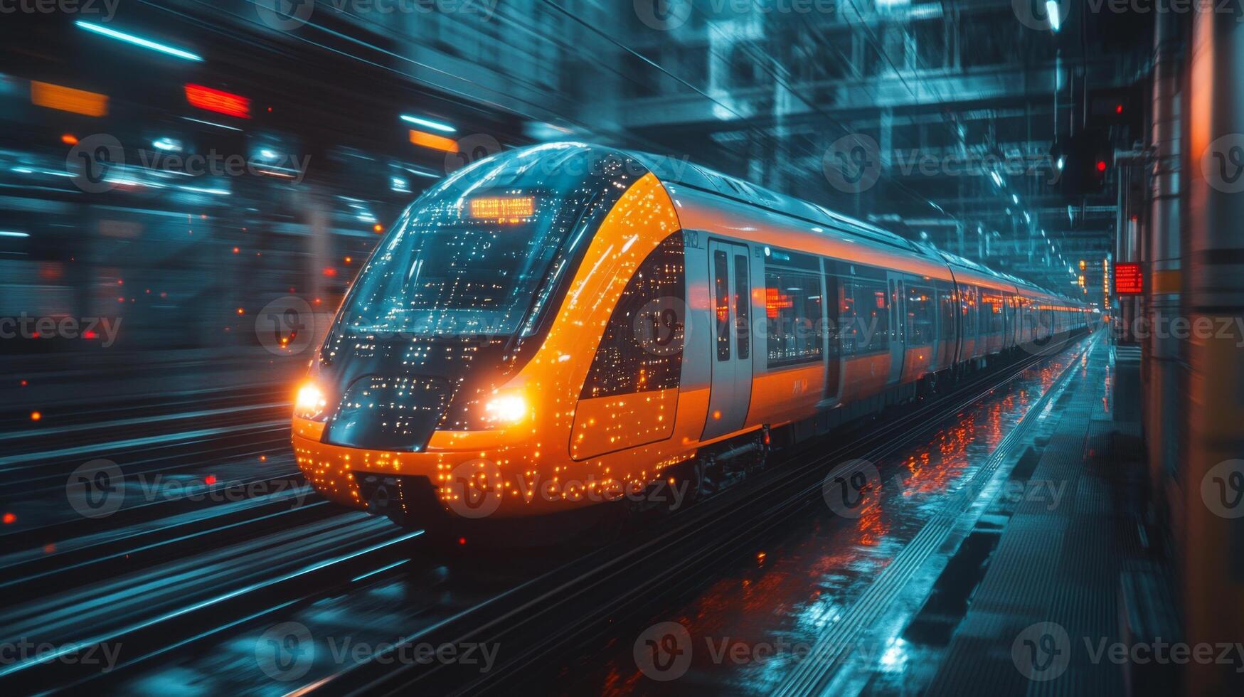 An advanced smart train is seen navigating through a high tech urban train station illuminated by city lights. The atmosphere is energetic as the train moves along the tracks. photo