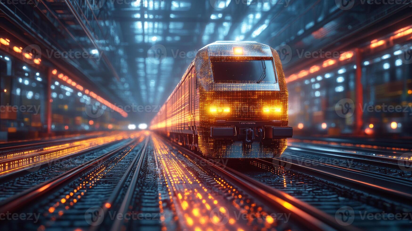 A smart train moves seamlessly along tracks in a highly automated transportation facility at night, illuminated by futuristic lighting and showcasing advanced mobility technology. photo