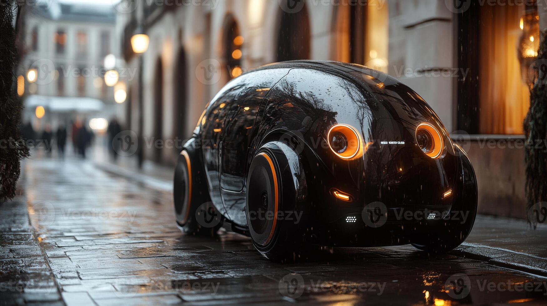 An autonomous delivery vehicle moves along a wet street in a city during dusk, highlighting innovations in transportation and last mile delivery solutions as rain falls. photo