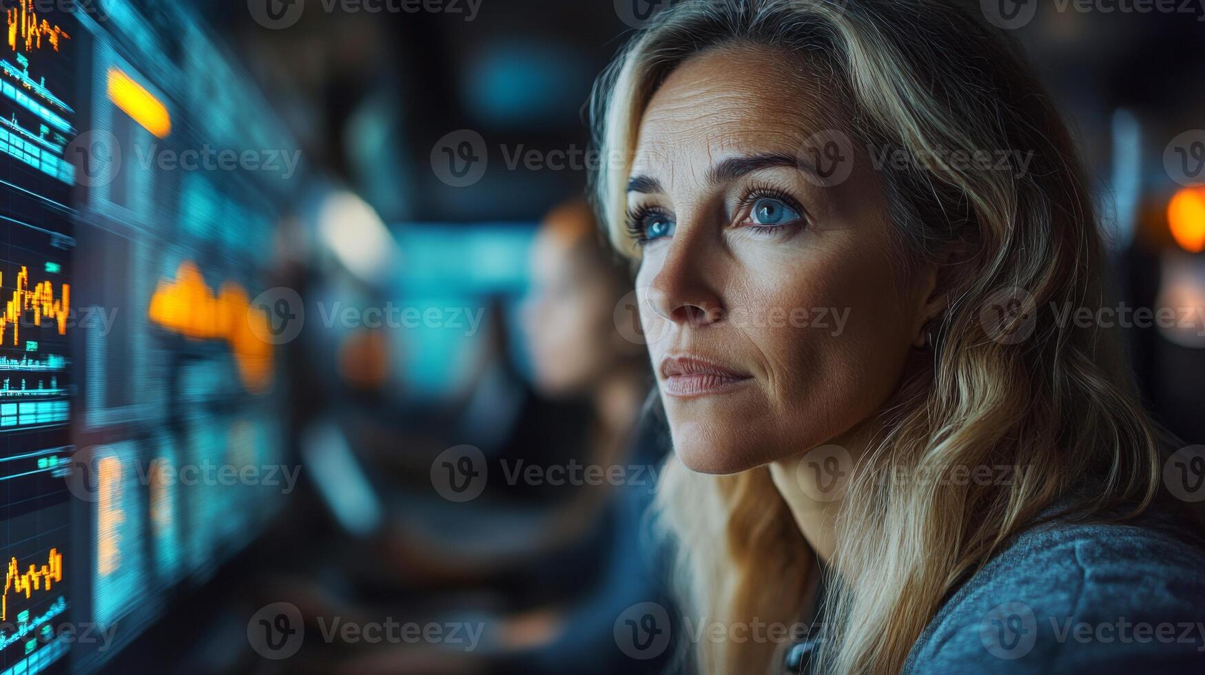 A logistics analyst focuses intently on multiple digital displays showing real time data related to transportation and supply chain efficiency. photo