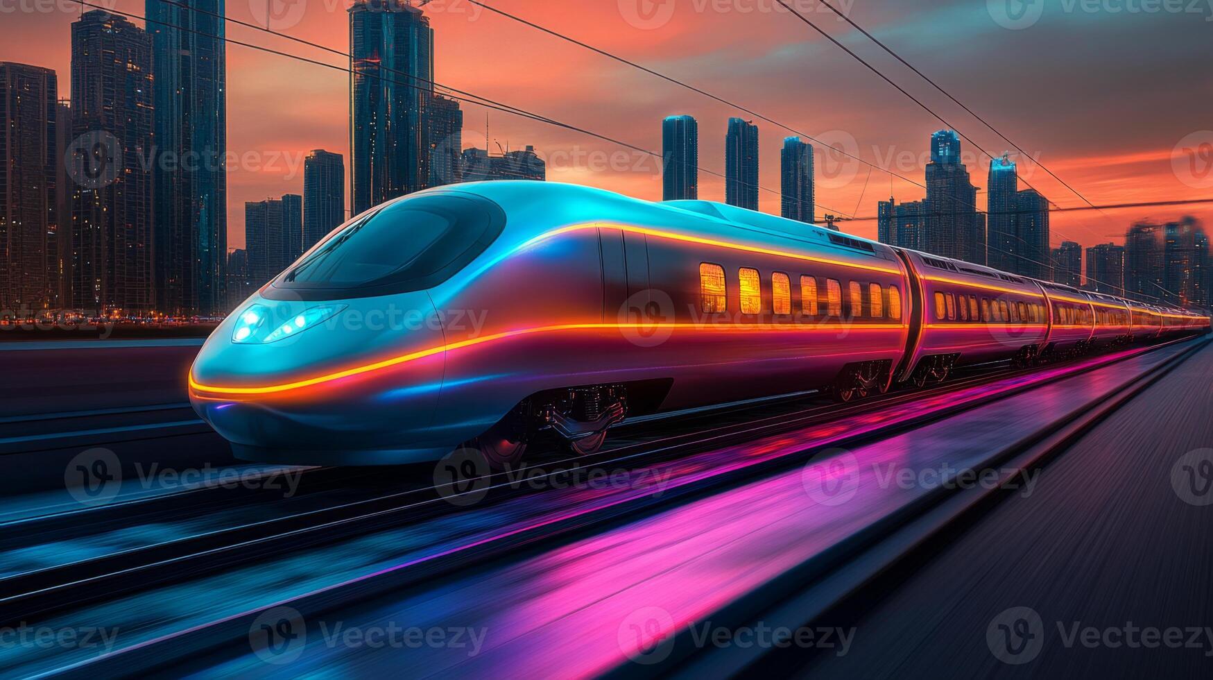A streamlined autonomous train glides on high tech tracks, illuminated by vibrant lights, as it travels through a bustling urban environment at sunset. photo